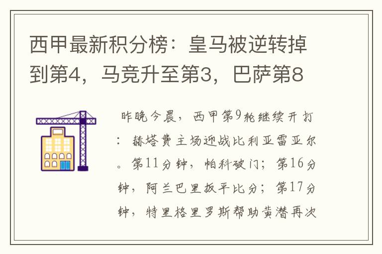 西甲最新积分榜:皇马被逆转掉到第4,马竞升至第3,巴萨第8