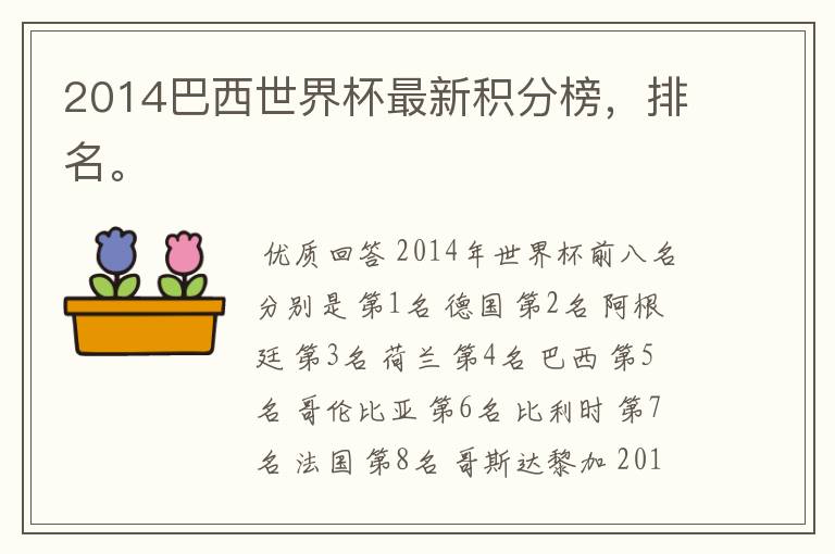 2014巴西世界杯最新积分榜,排名。