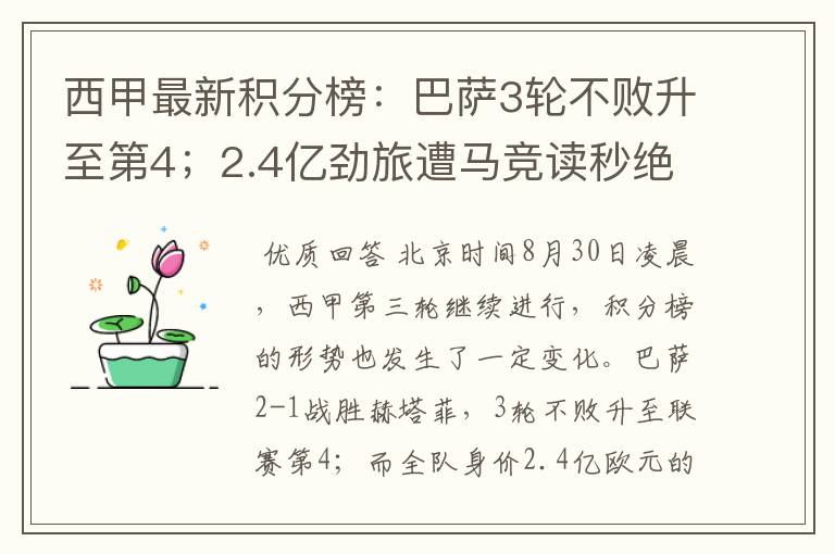 西甲最新积分榜:巴萨3轮不败升至第4;2.4亿劲旅遭马竞读秒绝平