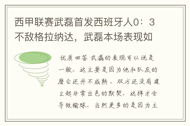 西甲联赛武磊首发西班牙人0:3不敌格拉纳达,武磊本场表现如何?