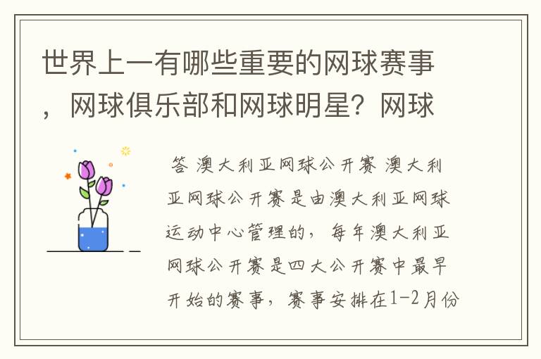 世界上一有哪些重要的网球赛事,网球俱乐部和网球明星?网球比赛的记分规则怎样?