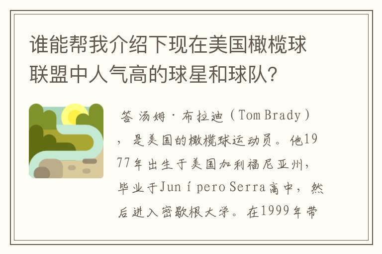 谁能帮我介绍下现在美国橄榄球联盟中人气高的球星和球队?