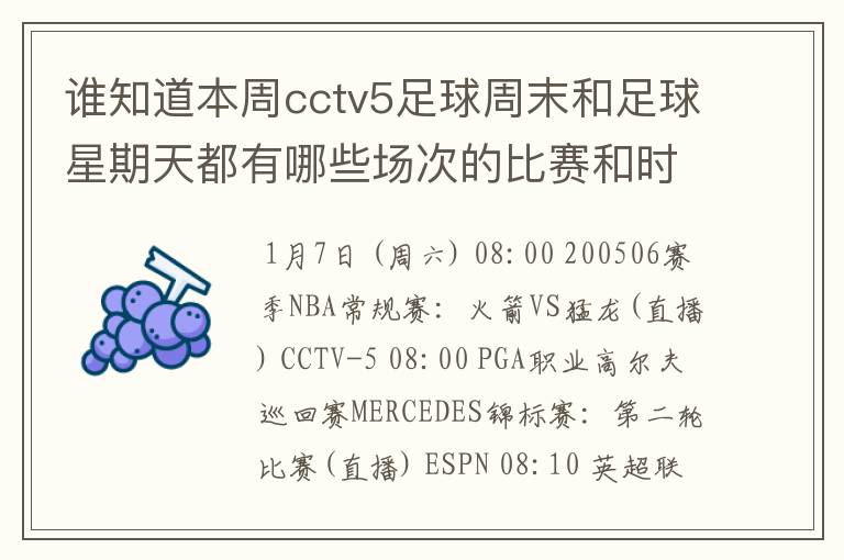 谁知道本周cctv5足球周末和足球星期天都有哪些场次的比赛和时间?