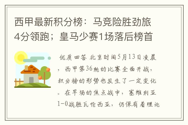 西甲最新积分榜:马竞险胜劲旅4分领跑;皇马少赛1场落后榜首5分