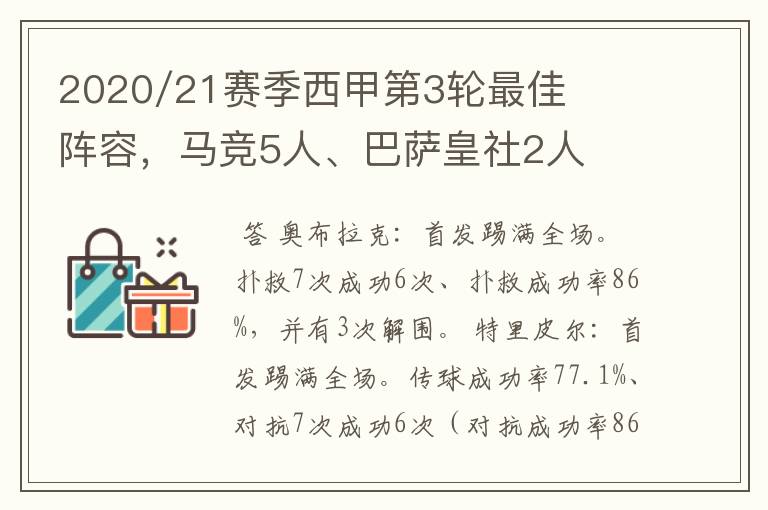2020/21赛季西甲第3轮最佳阵容,马竞5人、巴萨皇社2人