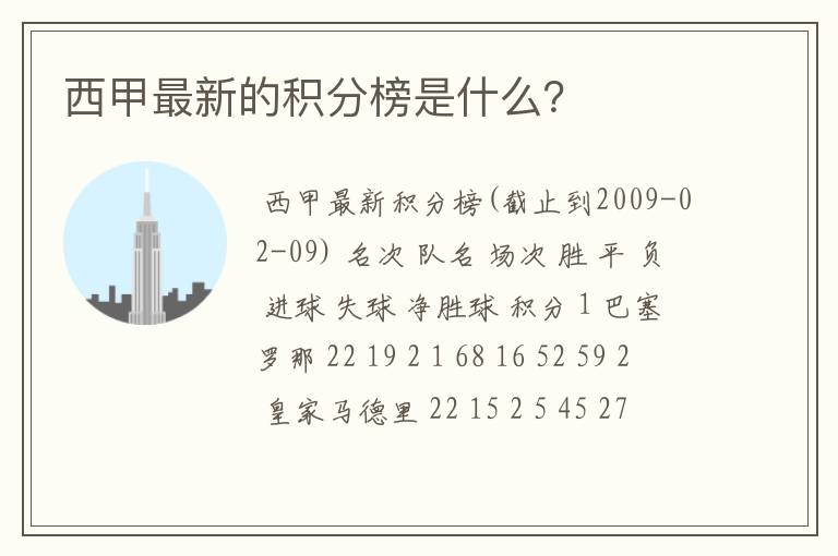 西甲最新的积分榜是什么?