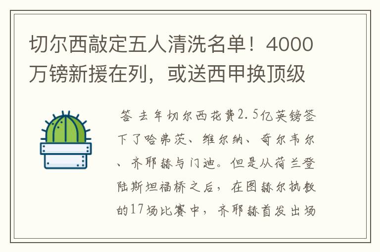 切尔西敲定五人清洗名单!4000万镑新援在列,或送西甲换顶级铁闸