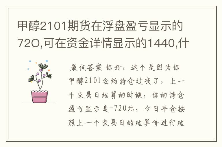 甲醇2101期货在浮盘盈亏显示的72O,可在资金详情显示的1440,什么原因?