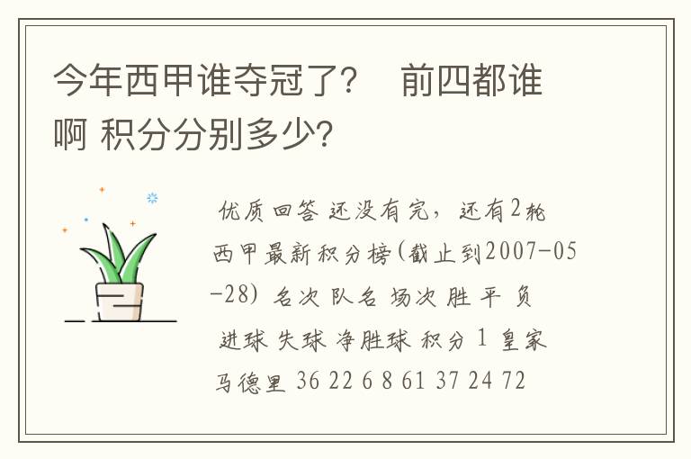 今年西甲谁夺冠了? 前四都谁啊 积分分别多少?