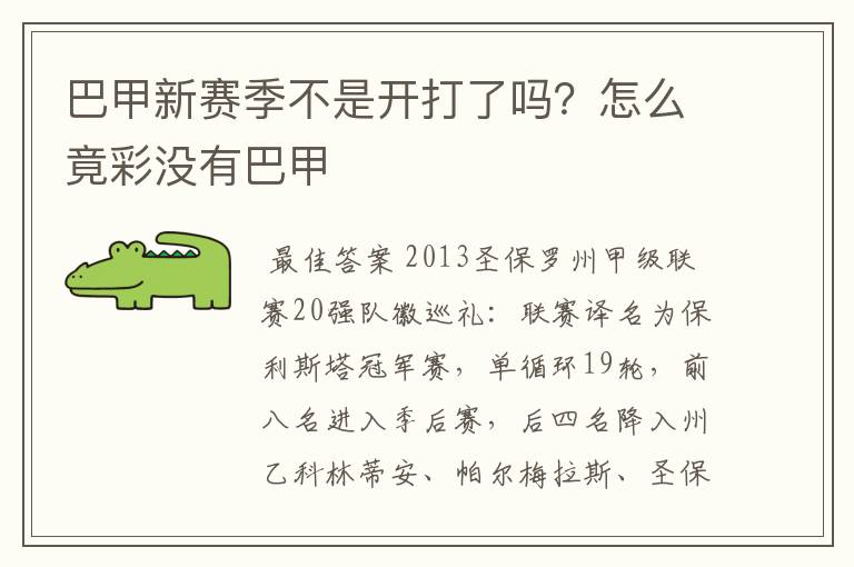 巴甲新赛季不是开打了吗?怎么竟彩没有巴甲
