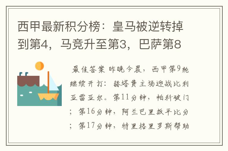 西甲最新积分榜:皇马被逆转掉到第4,马竞升至第3,巴萨第8
