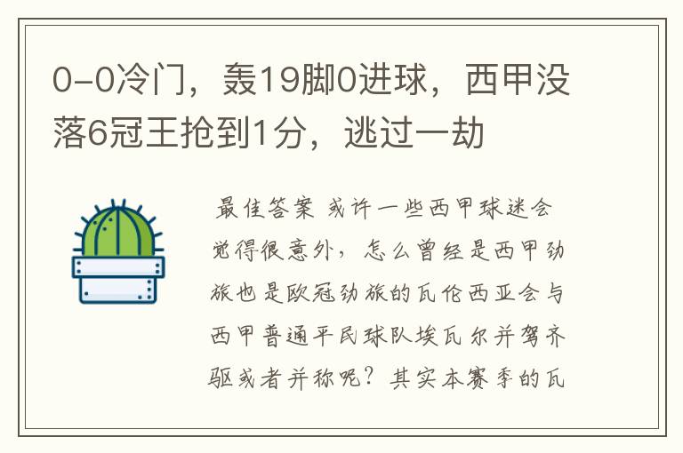 0-0冷门,轰19脚0进球,西甲没落6冠王抢到1分,逃过一劫
