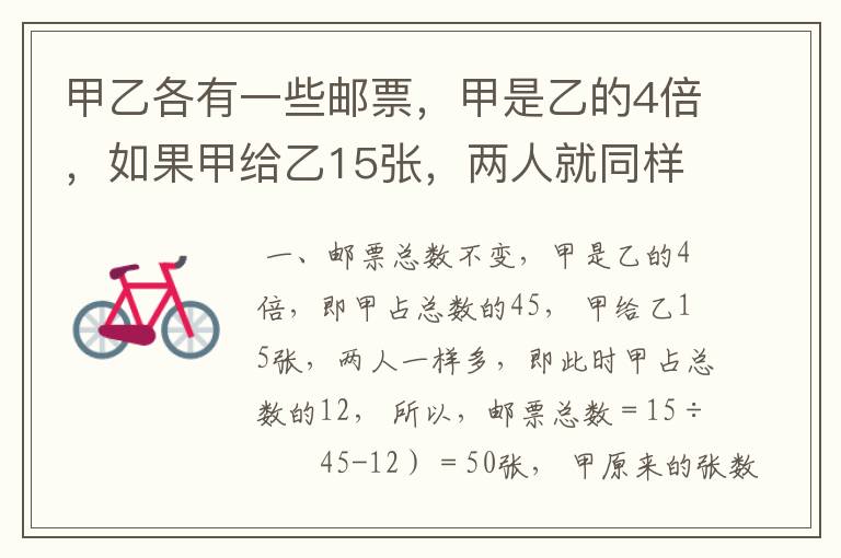 甲乙各有一些邮票,甲是乙的4倍,如果甲给乙15张,两人就同样多。甲乙原来各有多少张
