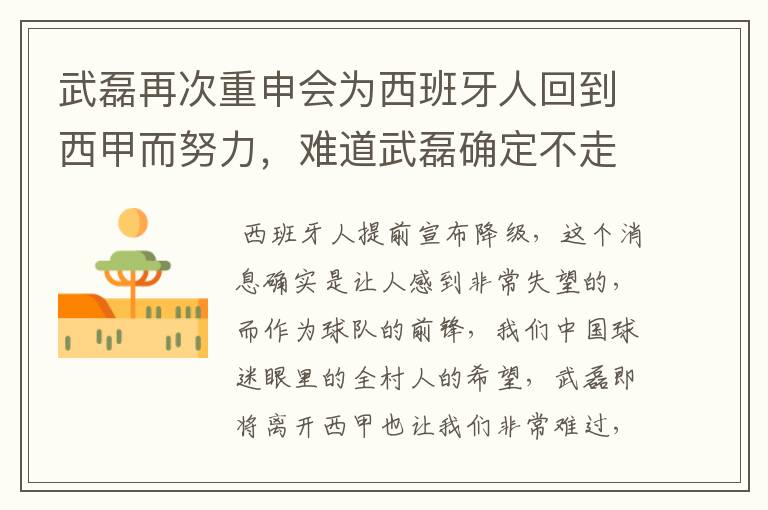 武磊再次重申会为西班牙人回到西甲而努力,难道武磊确定不走了?