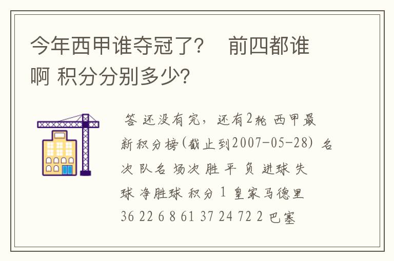 今年西甲谁夺冠了? 前四都谁啊 积分分别多少?