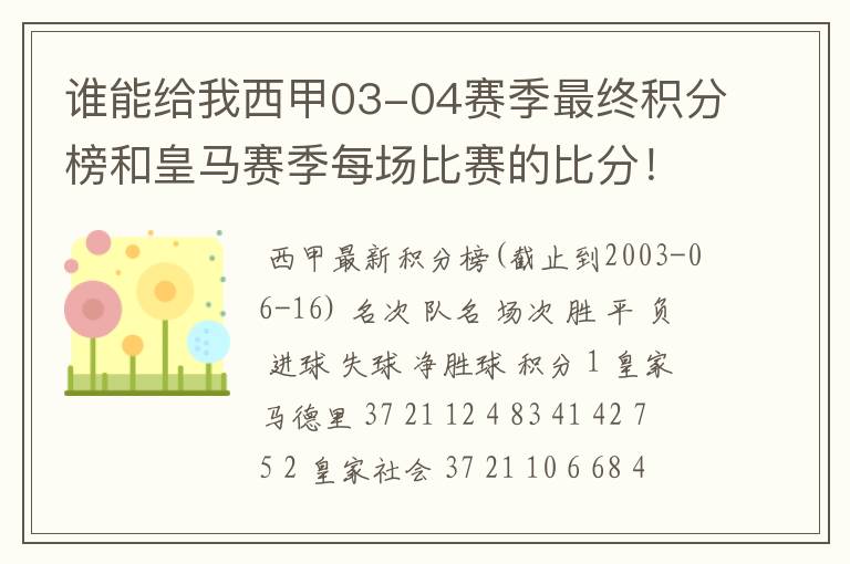 谁能给我西甲03-04赛季最终积分榜和皇马赛季每场比赛的比分!