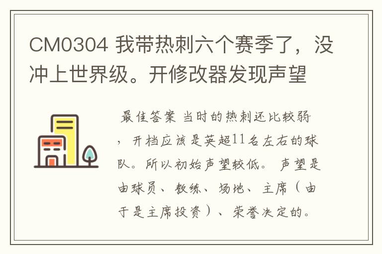 CM0304 我带热刺六个赛季了,没冲上世界级。开修改器发现声望停留在85-89之间,这个赛季好像还降了,求解