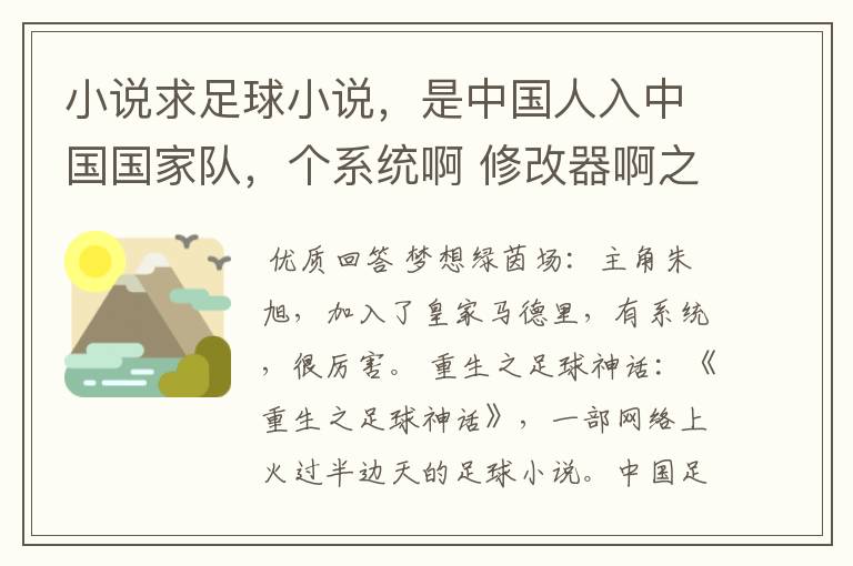 小说求足球小说,是中国人入中国国家队,个系统啊 修改器啊之类的 能发个任务啊什么的