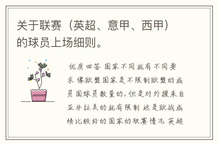 关于联赛(英超、意甲、西甲)的球员上场细则。