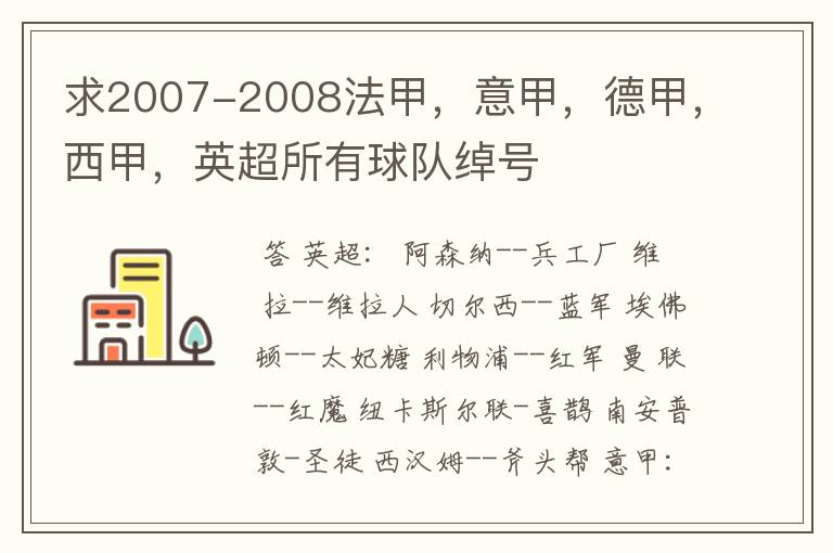 求2007-2008法甲,意甲,德甲,西甲,英超所有球队绰号