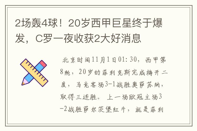 2场轰4球!20岁西甲巨星终于爆发,C罗一夜收获2大好消息