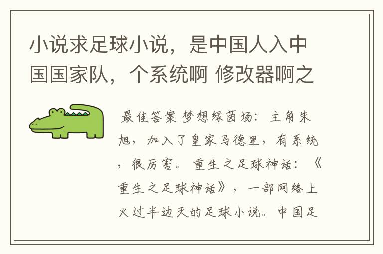 小说求足球小说,是中国人入中国国家队,个系统啊 修改器啊之类的 能发个任务啊什么的