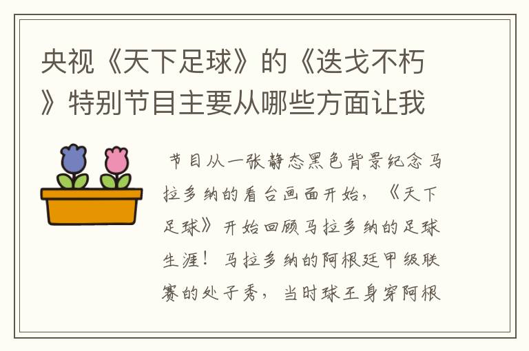 央视《天下足球》的《迭戈不朽》特别节目主要从哪些方面让我们了解了马拉多纳?