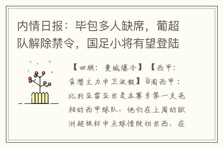 内情日报:毕包多人缺席,葡超队解除禁令,国足小将有望登陆西甲