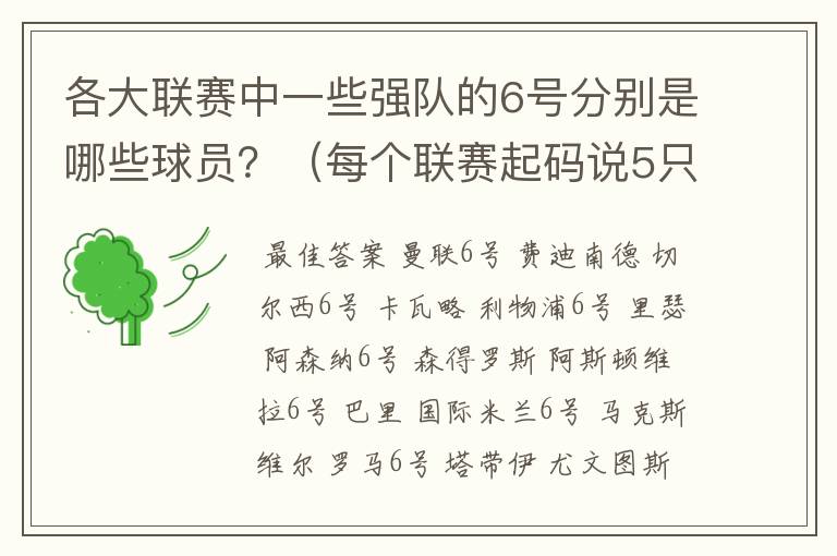 各大联赛中一些强队的6号分别是哪些球员?(每个联赛起码说5只队)