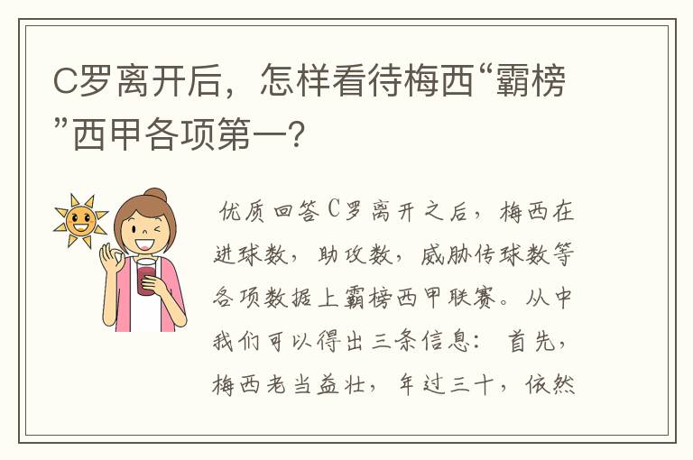 C罗离开后,怎样看待梅西“霸榜”西甲各项第一?