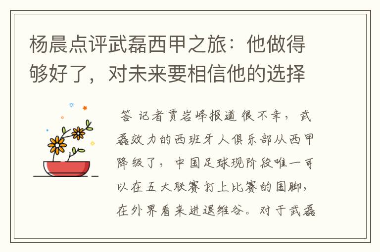 杨晨点评武磊西甲之旅:他做得够好了,对未来要相信他的选择