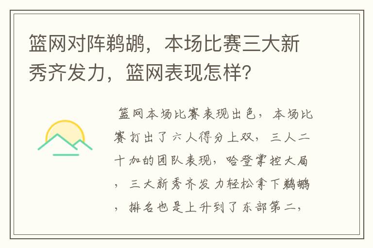 篮网对阵鹈鹕,本场比赛三大新秀齐发力,篮网表现怎样?