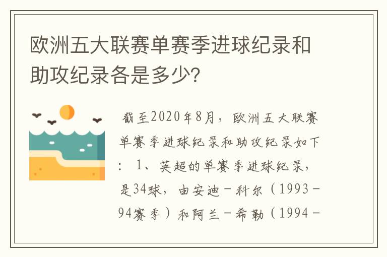 欧洲五大联赛单赛季进球纪录和助攻纪录各是多少?