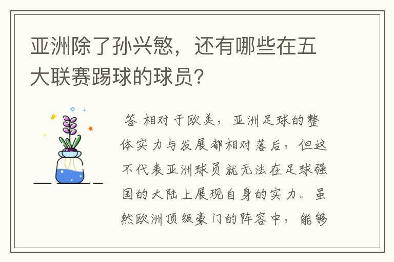 亚洲除了孙兴慜,还有哪些在五大联赛踢球的球员?