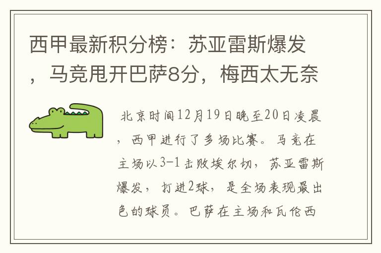 西甲最新积分榜:苏亚雷斯爆发,马竞甩开巴萨8分,梅西太无奈