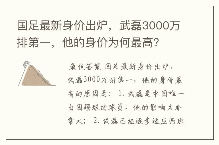 国足最新身价出炉，武磊3000万排第一，他的身价为何最高？