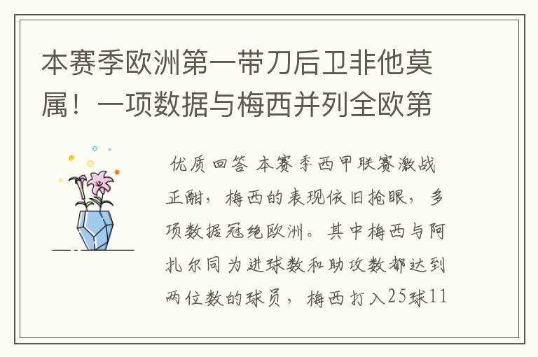 本赛季欧洲第一带刀后卫非他莫属!一项数据与梅西并列全欧第一!