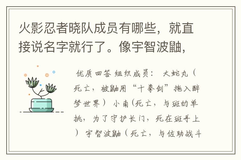 火影忍者晓队成员有哪些,就直接说名字就行了。像宇智波鼬,飞段这样