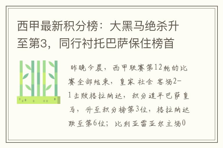 西甲最新积分榜:大黑马绝杀升至第3,同行衬托巴萨保住榜首