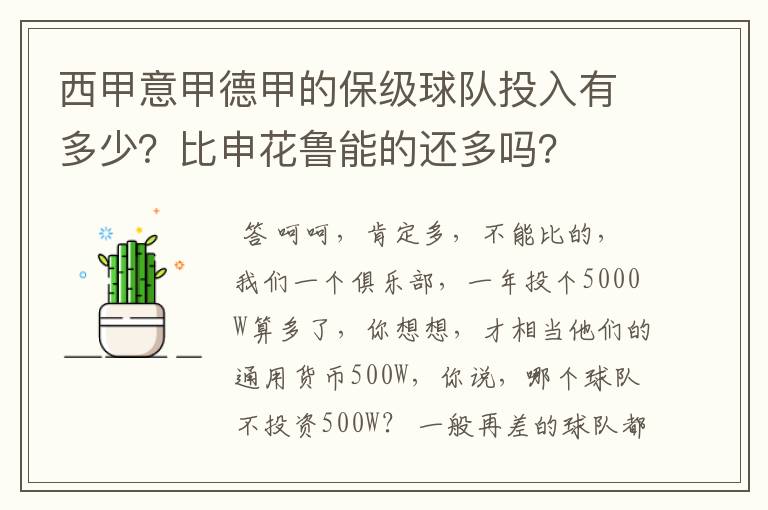 西甲意甲德甲的保级球队投入有多少?比申花鲁能的还多吗?