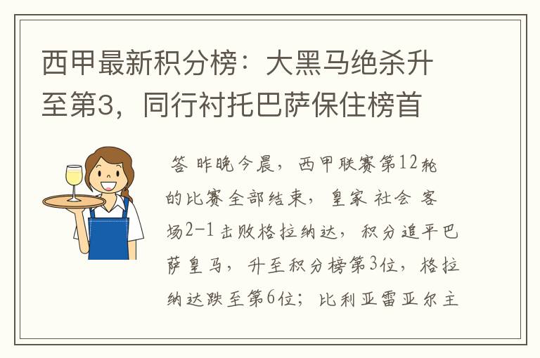 西甲最新积分榜:大黑马绝杀升至第3,同行衬托巴萨保住榜首