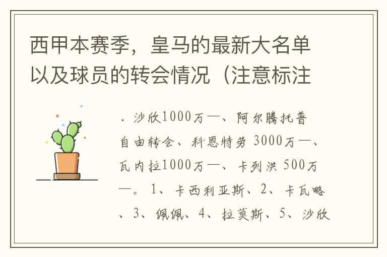 西甲本赛季,皇马的最新大名单以及球员的转会情况(注意标注球员身价)