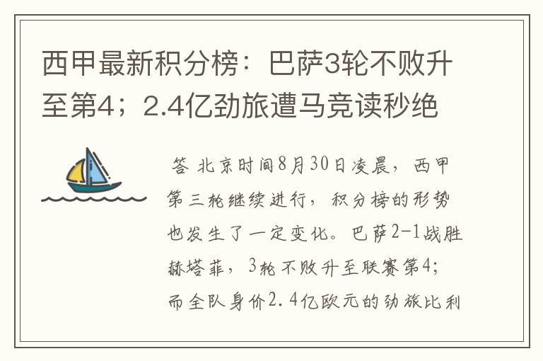 西甲最新积分榜:巴萨3轮不败升至第4;2.4亿劲旅遭马竞读秒绝平