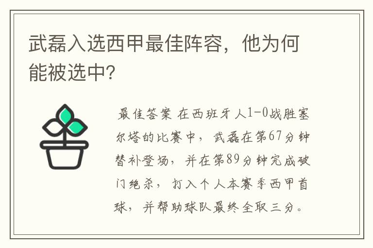 武磊入选西甲最佳阵容,他为何能被选中?