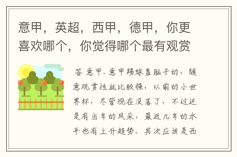 意甲,英超,西甲,德甲,你更喜欢哪个,你觉得哪个最有观赏性