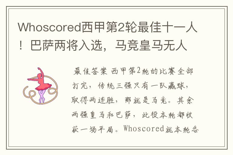 Whoscored西甲第2轮最佳十一人!巴萨两将入选,马竞皇马无人上榜