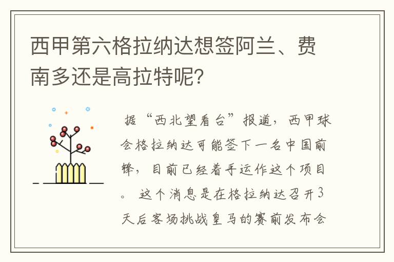 西甲第六格拉纳达想签阿兰、费南多还是高拉特呢?