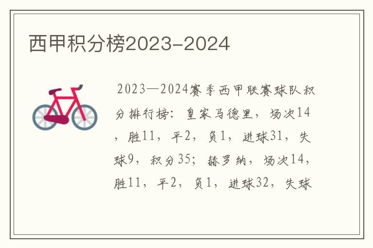 西甲积分榜2023-2024
