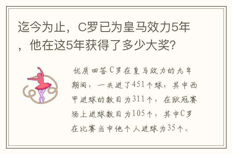 迄今为止,C罗已为皇马效力5年,他在这5年获得了多少大奖?