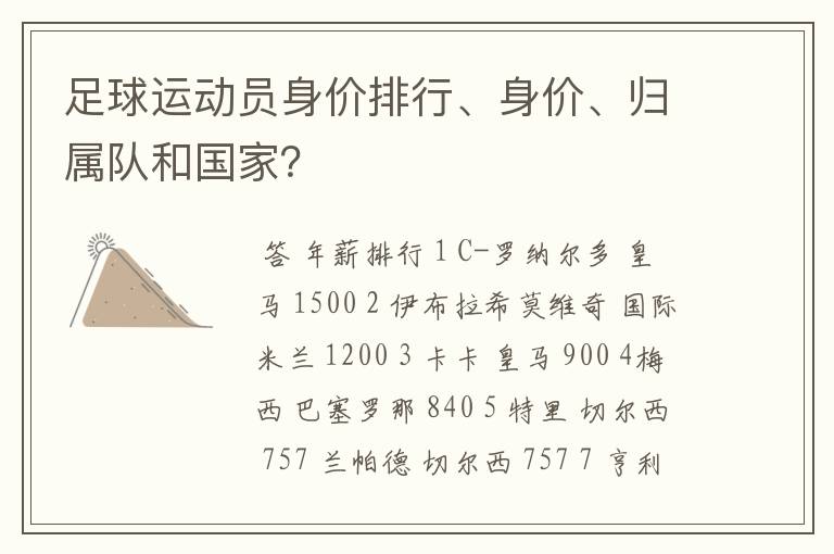 足球运动员身价排行、身价、归属队和国家?